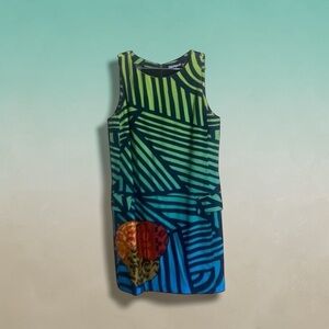 DESIGUAL Graphic Sheath Dress Lined Sleeveless Artsy Asian Appliqué Pocket SZ 38